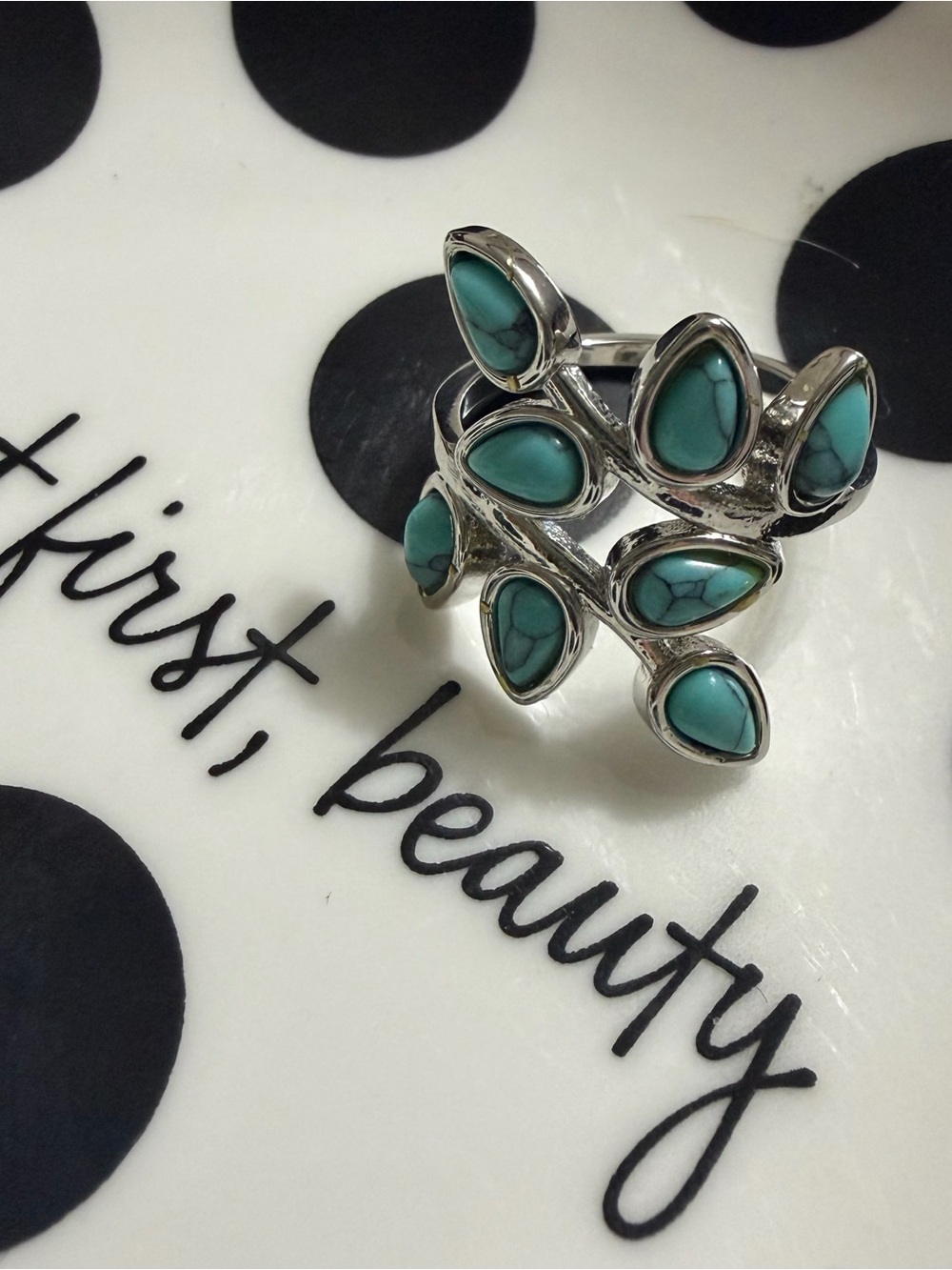 Faux Turquoise Teardrop Statement Ring - Silver Tone Size 6